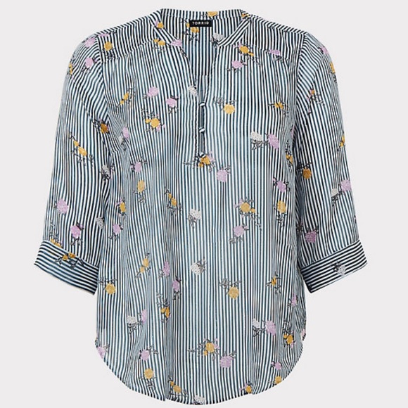 LIKE NEW TORRID HARPER SPARKLY GREEN FLORAL BUTTON UP STRIPE BLOUSE - Picture 11 of 11